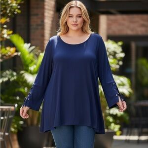 Avenue Blouse | Size 30/32 | Blue Lace-Up Sleeve Top